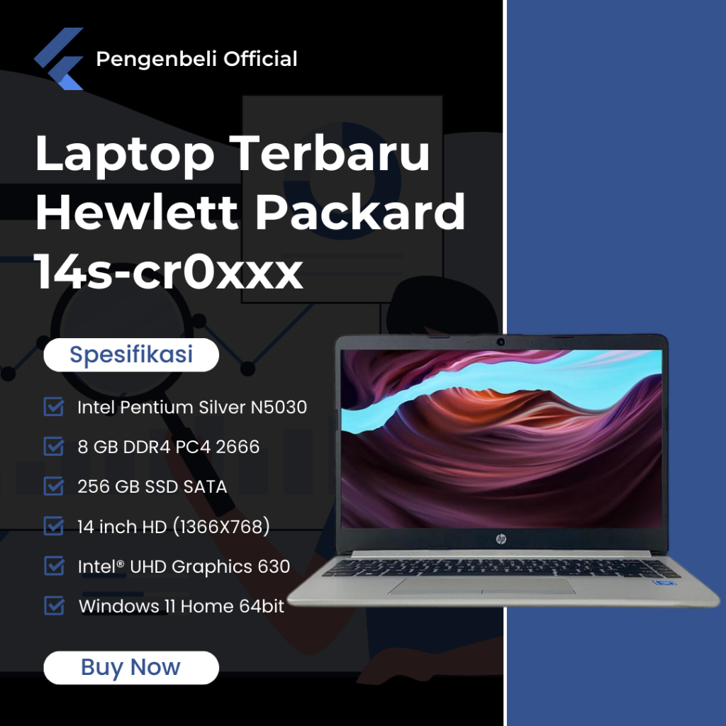 Laptop Keren Untuk Pelajar Aktif / INTEL PENTIUM SILVER N5030 / RAM 8GB / SSD 256GB / 14" FHD / WIND