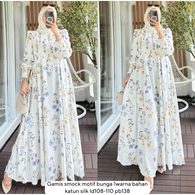 Dress motiv bunga kerut smoke