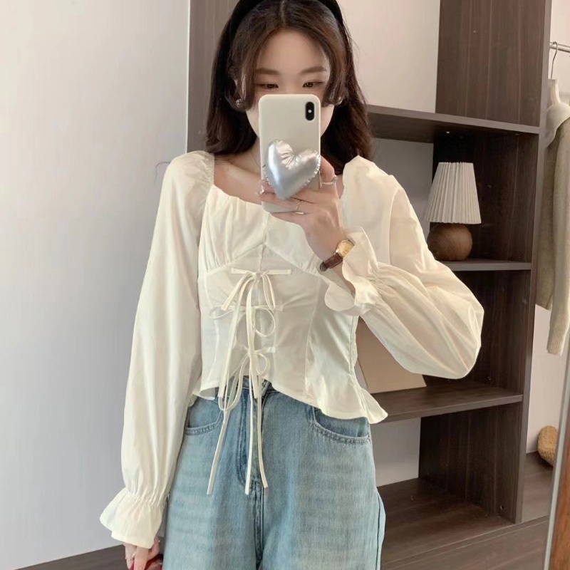 【MOOGU】 Blouse korea blus lengan panjang wanita atasan pendek
