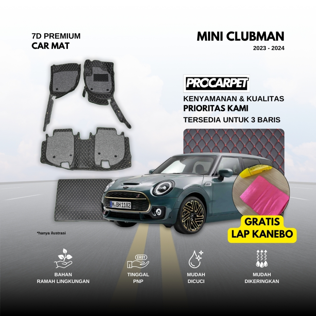 Karpet 7D+Karpet Mie Coil ProCarpet Premium Car MINI COOPER MINI CLUBMAN 2023-2024 + Bonus Kanebo Ka