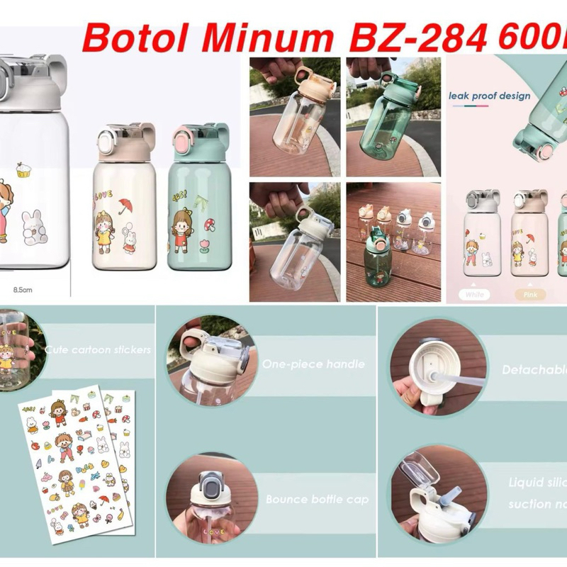 Botol Minum Anak BZ-284 Botol Minum 600ML Transparan Karakter Lucu Free Stiker