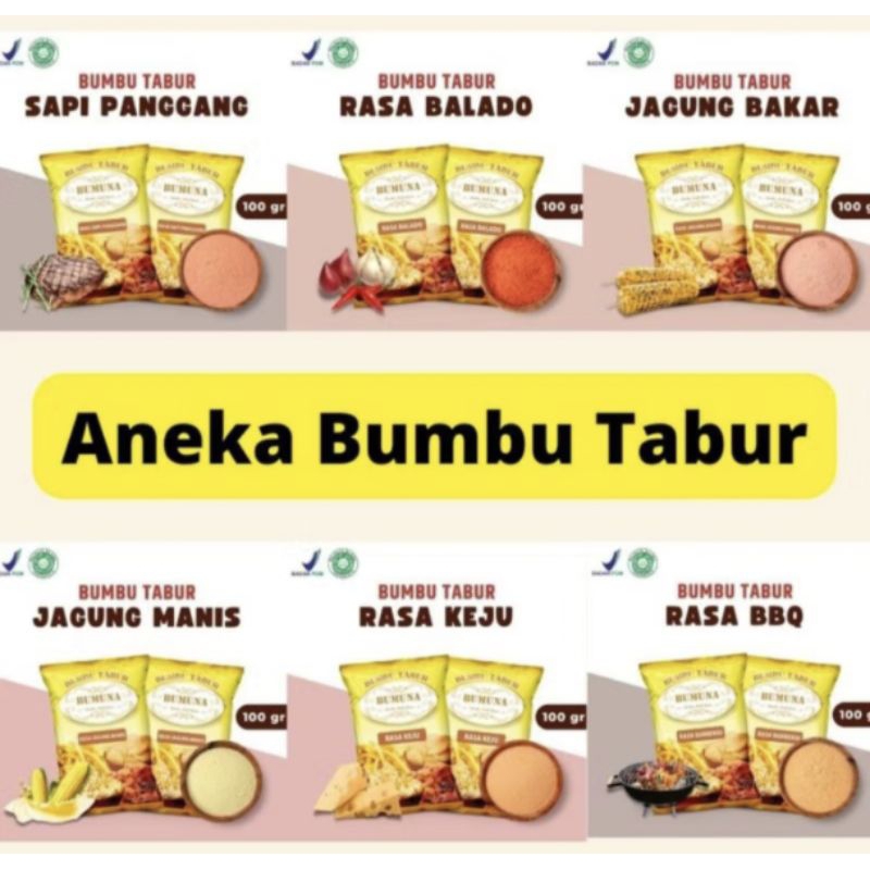 

Aneka Bumbu Rasa/Bumbu Tabur/Bumbu Perasa/Balado/Jagung Manis/Jagung Bakar/BBQ/Keju/Pedas Manis
