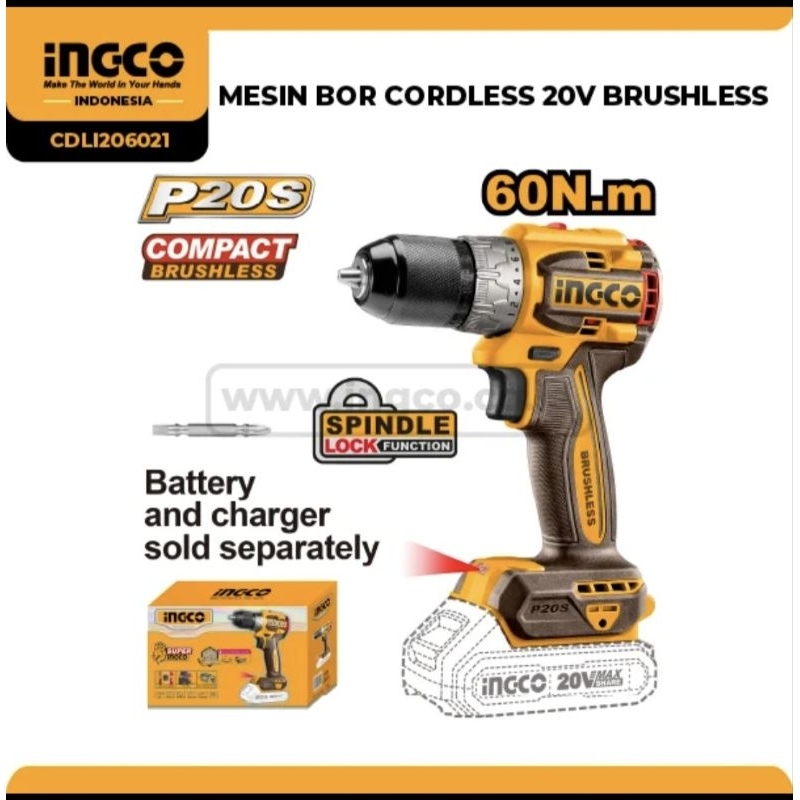 MESIN BOR CORDLESS 20V BRUSHLESS CDLI206021 INGCO UNIT ONLY
