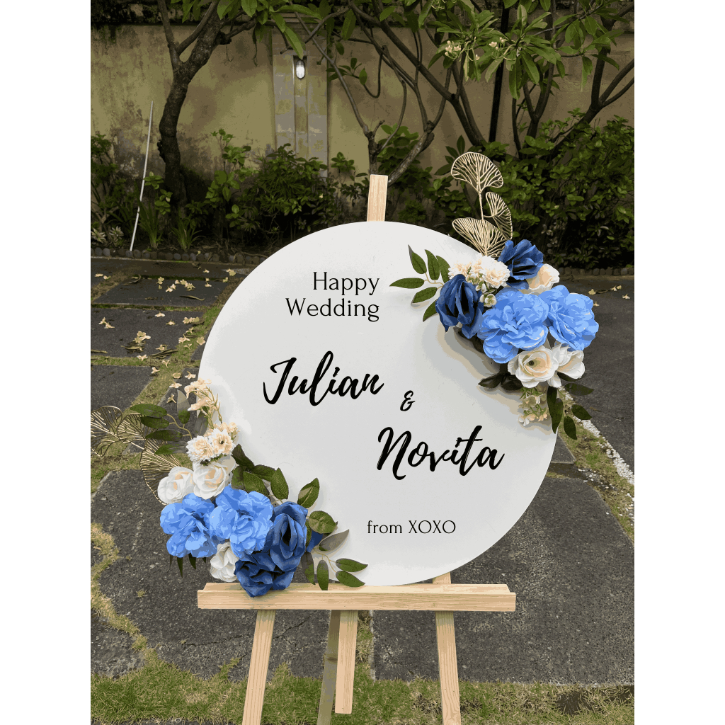 Papan Ucapan Akrilik Bulat/Kubah Bunga Artificial Standing Pernikahan/Wisuda/Grand Opening