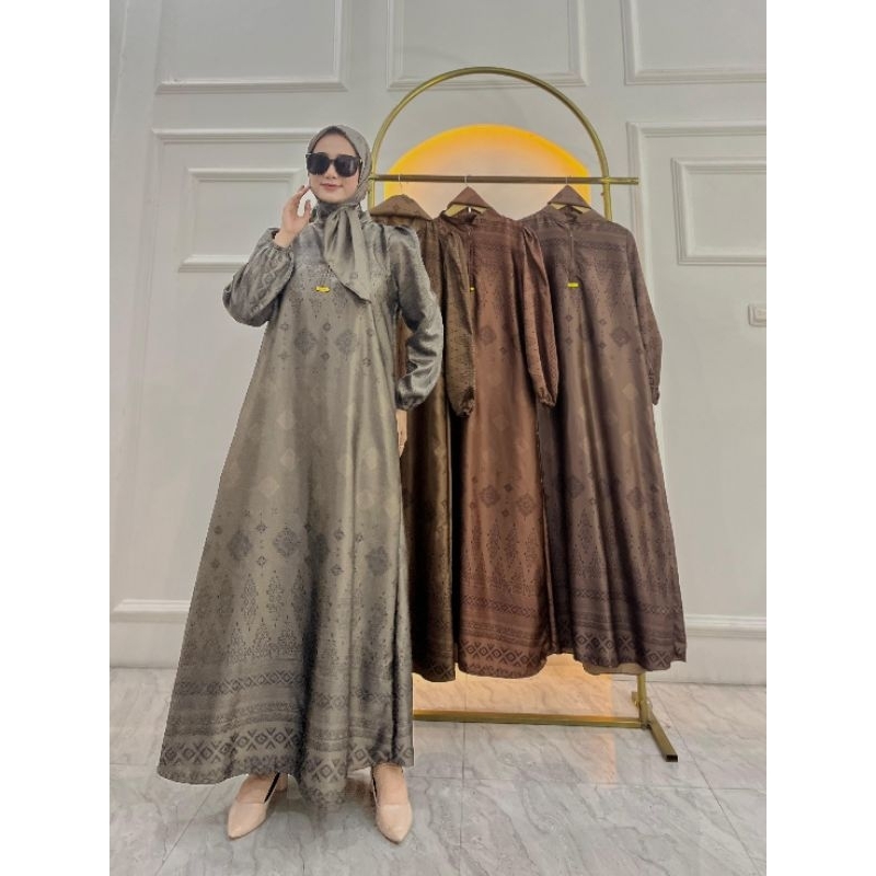 Gamis Armany brown digital motif MATA  MAYUNG set hijab