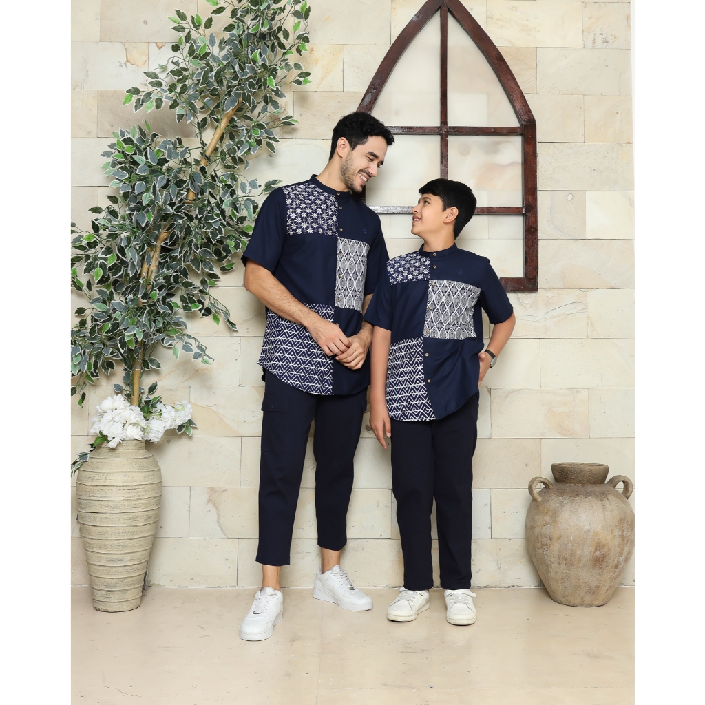 Tokoashshiddiq - COUPLE Koko Modern Kombinasi Batik Motif Eksklusif - Pria & Anak Lengan Pendek - Wa