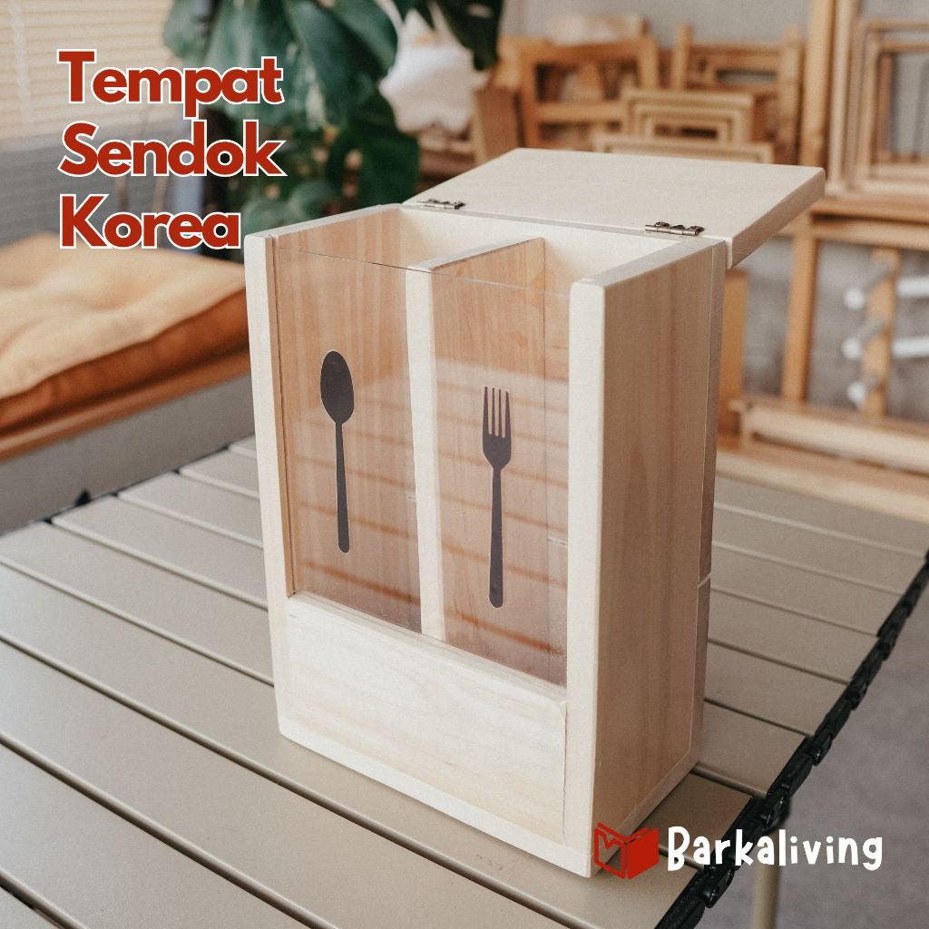 Tempat Sendok Korea Tutup Engsel Cutlery Holder Garpu Sumpit Tertutup Estetik Kayu Minimalis