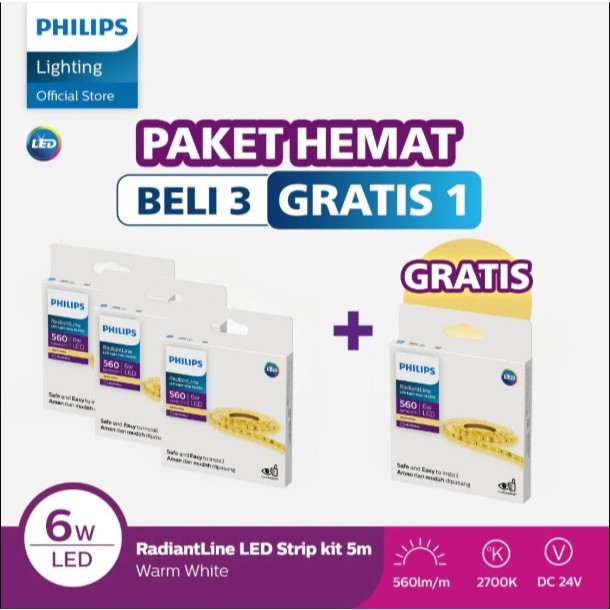 Philips Paket 3 Free 1 Radiantline LED Strip DLI320 5M 6W 2700K 24V Kuning Tanpa Trafo