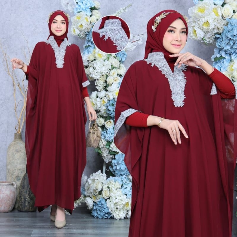 kaftan mewah bordir V  silver  free inner  gamis  Jersey elegan