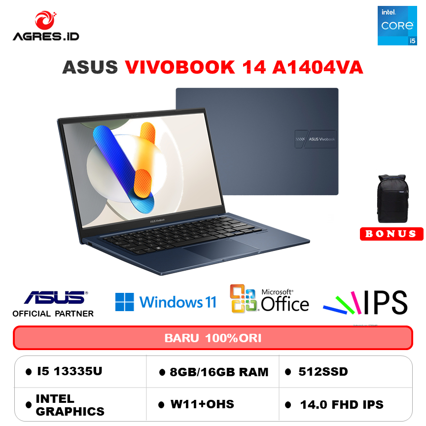 ASUS VIVOBOOK 14 A1404VA I5 1335 16GB 512GB W11+OHS 14.0FHD VIPS BLU -VIPS558 GARANSI RESMI