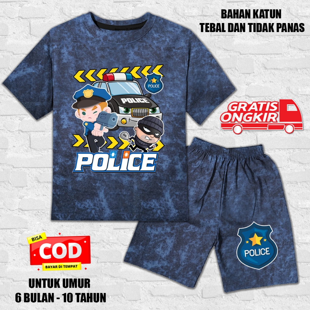 Setelan denim jeans lengan pendek anak laki laki perempuan set kaos anak katun dtf polisi