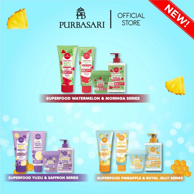 PURBASARI Superfood Body Serum Scrub Facial Wash-YuzuSaffron Watermelon&Moringa PineappleRoyal Jelly