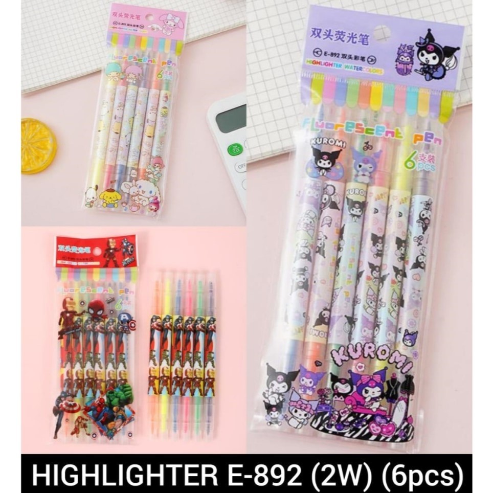 

[1 SET ISI 6 PCS] Stabilo Highlighter Pen Warna Marker 2 Mata Atas Bawah SNR Kuromoi Melodi Superhero E-892