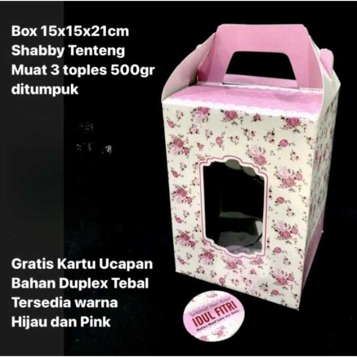 

Box Jinjing Kue Kering Lebaran 15x15x21 cm Dus Hampers Kukis Eid Mubarak Tema Shabby Pink Muat 3 Toples Bulat 500Gram