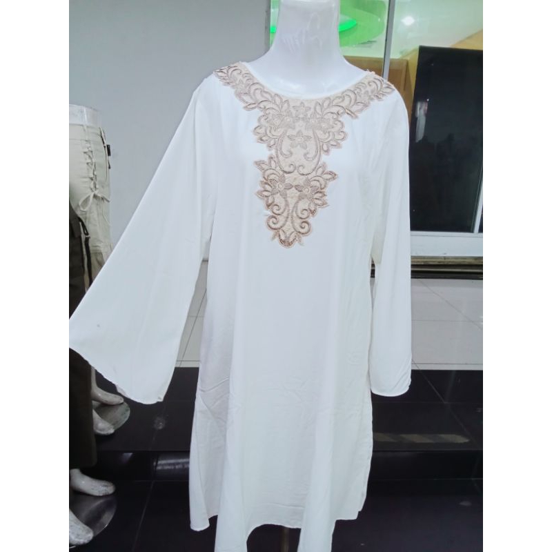TUNIK PUTIH MIX BORDIR BAHAN KOSIBO JUMBO LD 108 SIZE XXL BAJU TUNIK TUNIK PUTIH BAJU MUSLIM BAJU LE