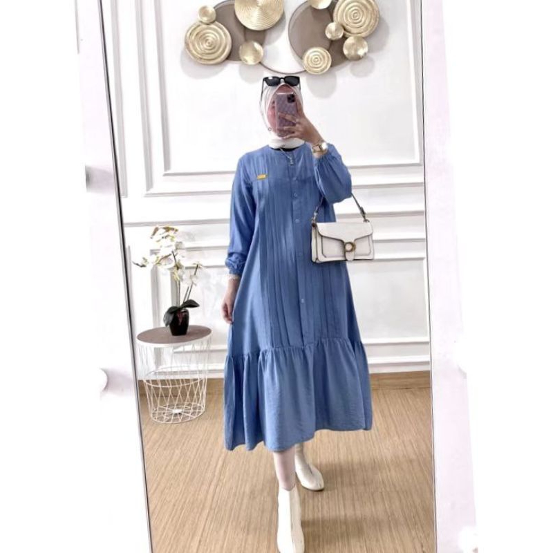 Gamis Midi Polos/Midi Dress Kekinian/Kain Polo Linen/Kancing Susun Rempel Tengah