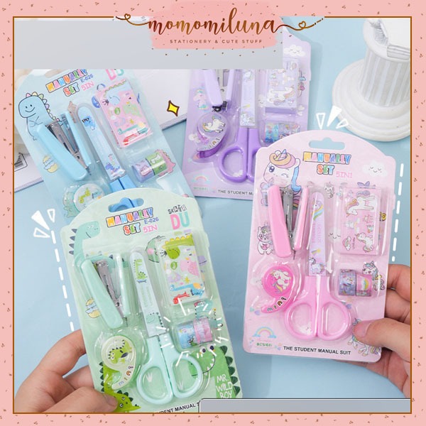 

1 set paket student stationery alat tulis sekolah cocok untuk hadiah souvenir gunting stapler mini HB1928