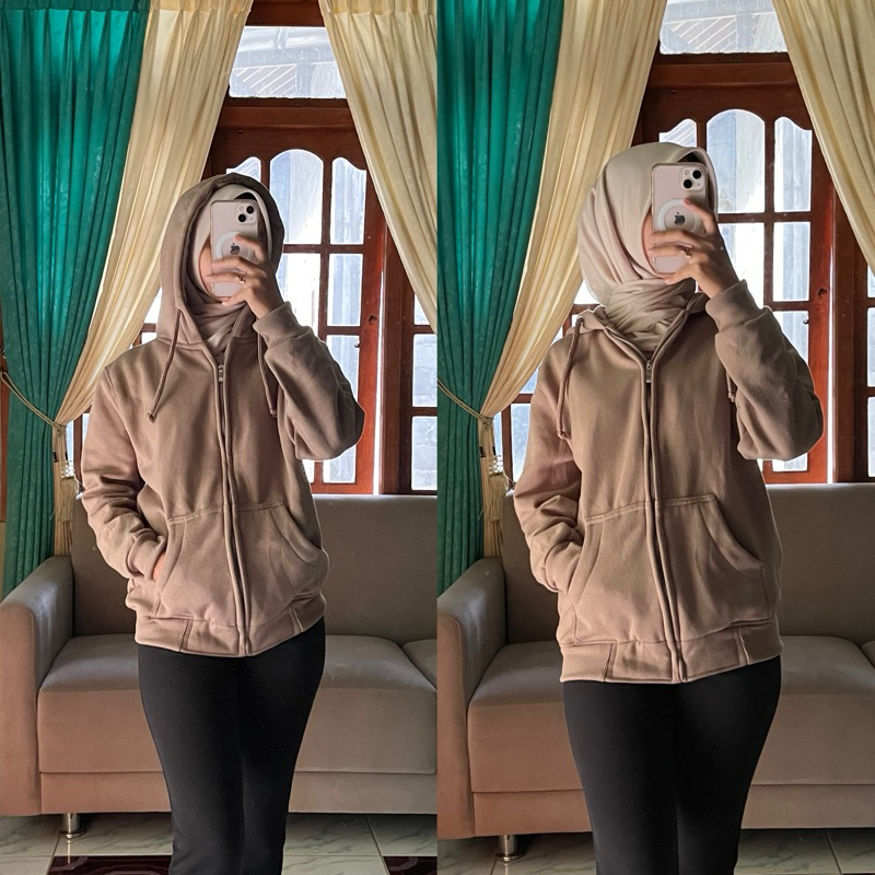 Hoodie zipper warna mocca size XS dari cievno