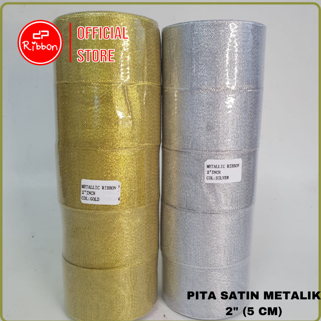 

1 SLOP Pita Emas/Perak 2" Pita Satin Metalik Glitter GOLD/SILVER 5cm Ribbon 1 Slop Pita Kain 5cm per 5 ROLL