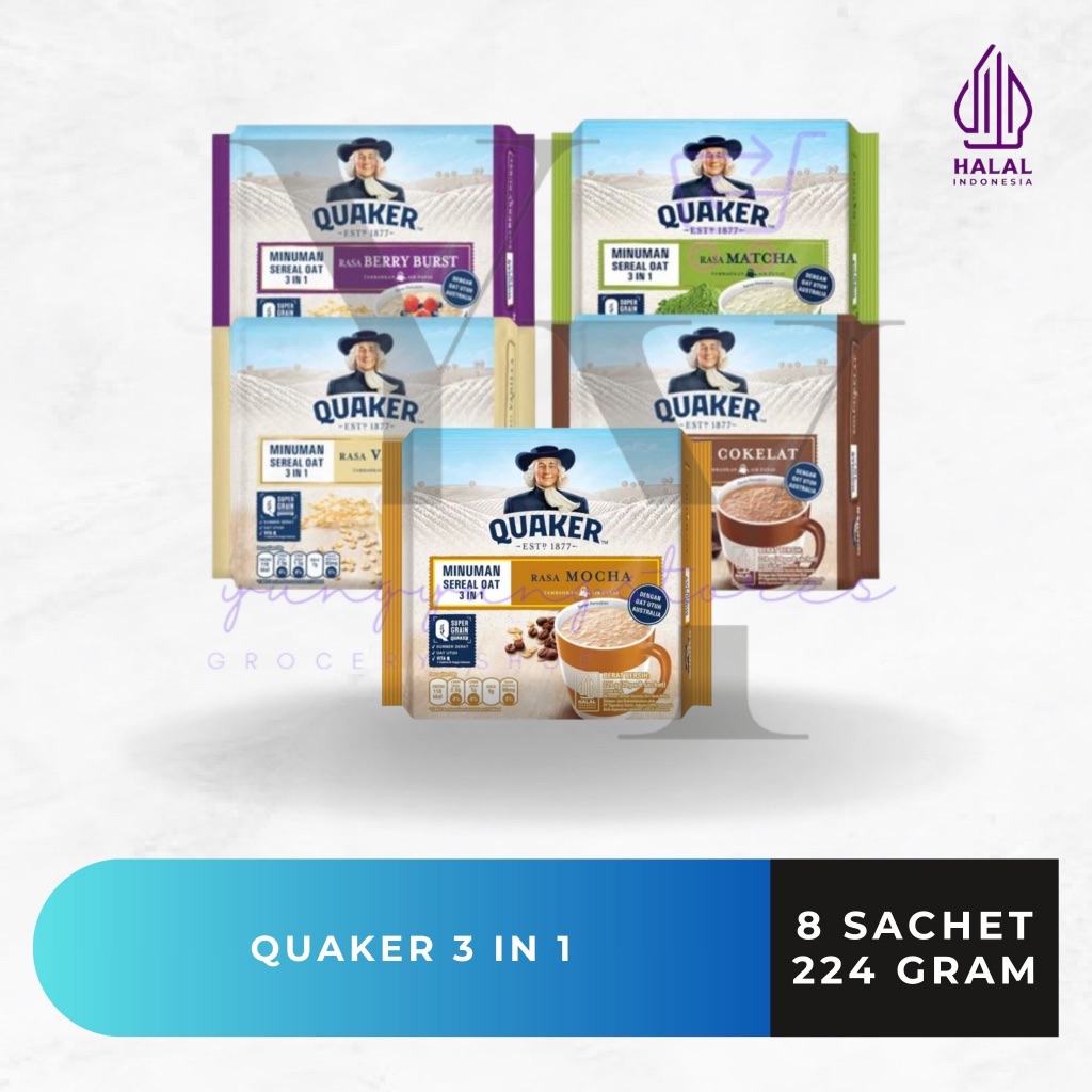 

Quaker 3 in 1 Vanilla / Cokelat / Berry Burst / Matcha / Mocha 8 Sachet 224 gram