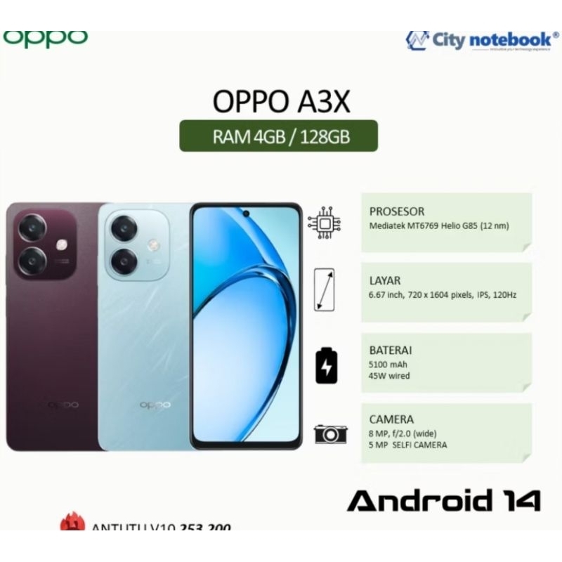 HP OPPO A3X ram 4/64Gb  dan ram 6/128Gb garansi resmi OPPO Indonesia