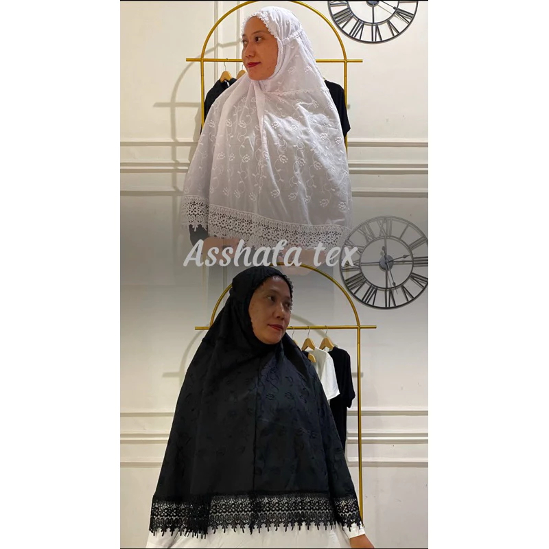 Bergo Haji Umroh Bahan Katun Paris Bordir Premium Hijab Instan Kerudung Lamaya Renda Ziper
