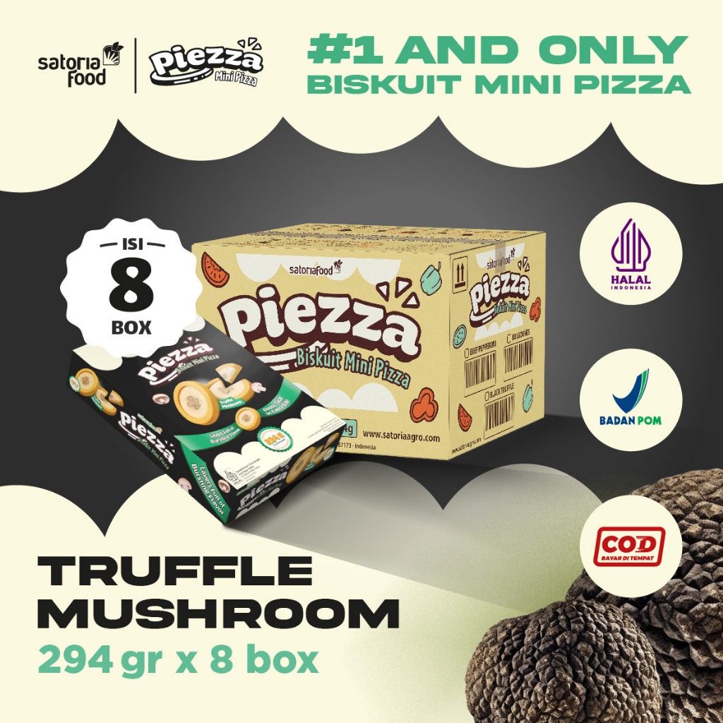 

Snack Piezza Truffle Mushroom 294gr x 8 Box [ 1 Dus ] | Biskuit Cemilan Pie Mini Rasa Pizza