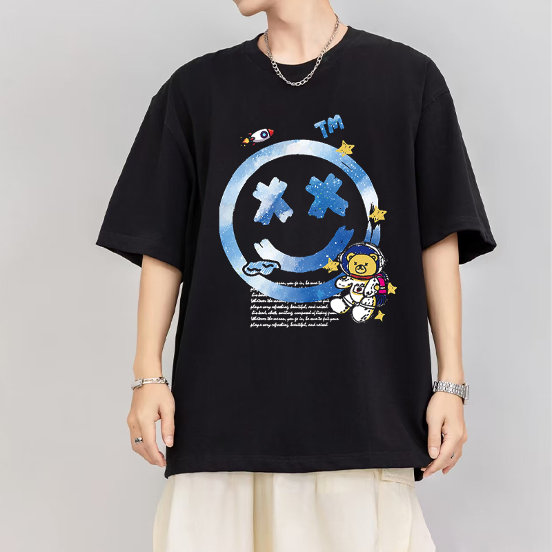 Kaos pria bermotif smiley katun katun Korea longgar versi kaos pria terlaris-2233