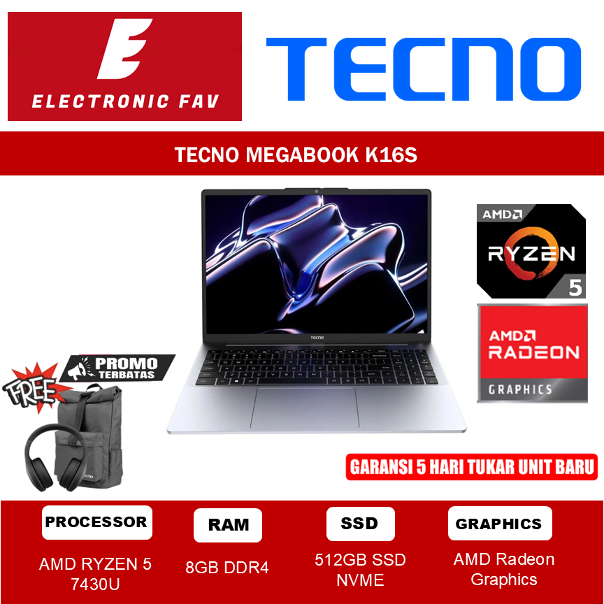 TECNO MEGABOOK K16S RYZEN 5 7430U 8GB 512GB 16.0" WUXGA IPS