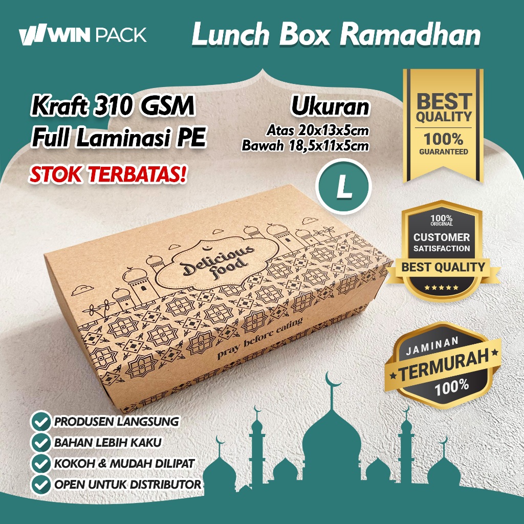 Isi 25 Pcs Paper Lunch Box L | Motif Masjid Islami | Kraft 325 Laminasi PE