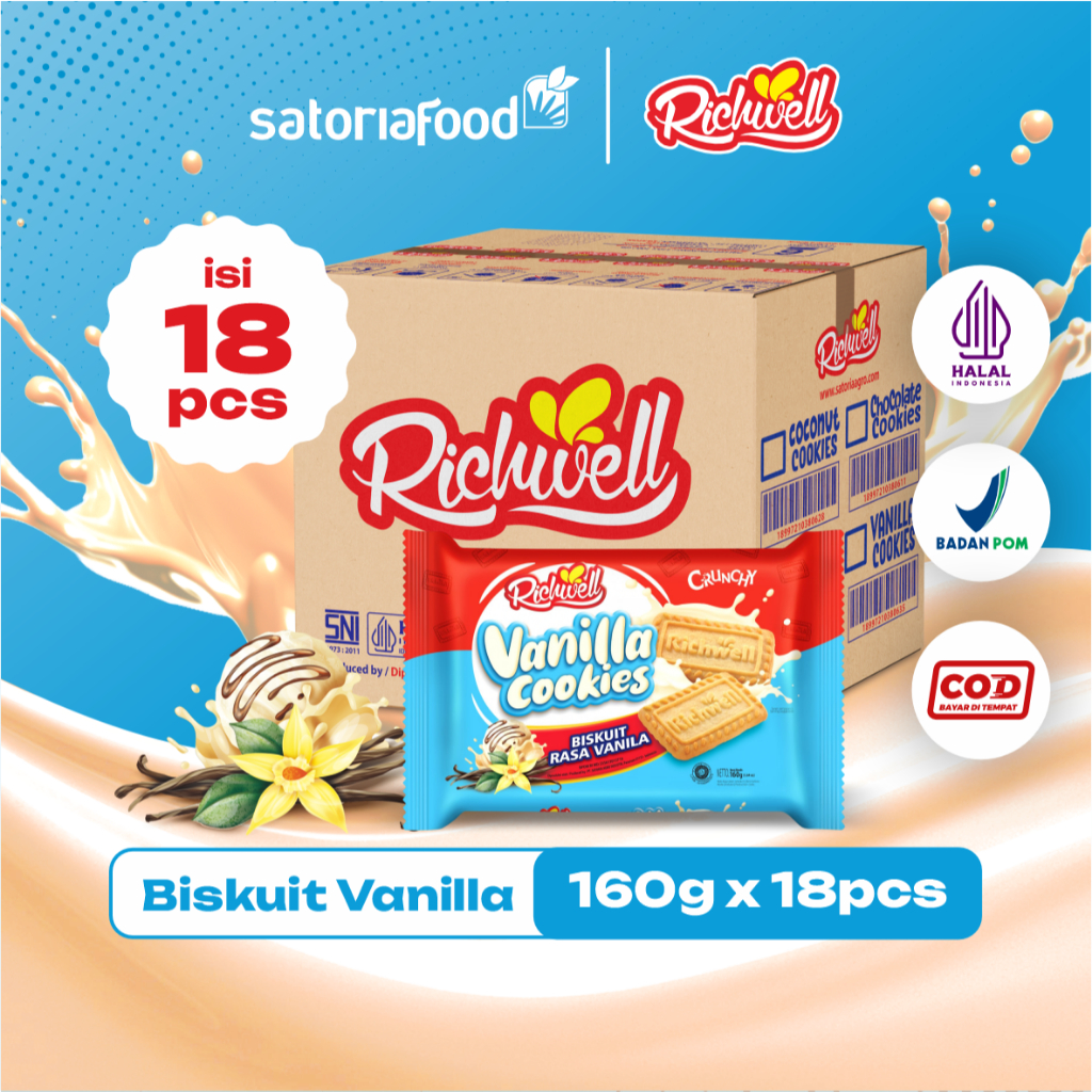 

Snack Richwell Vanilla Cookies 160g | [ 1 Dus ] Cemilan Biskuit Kukis Rasa Vanilla isi 18 pcs