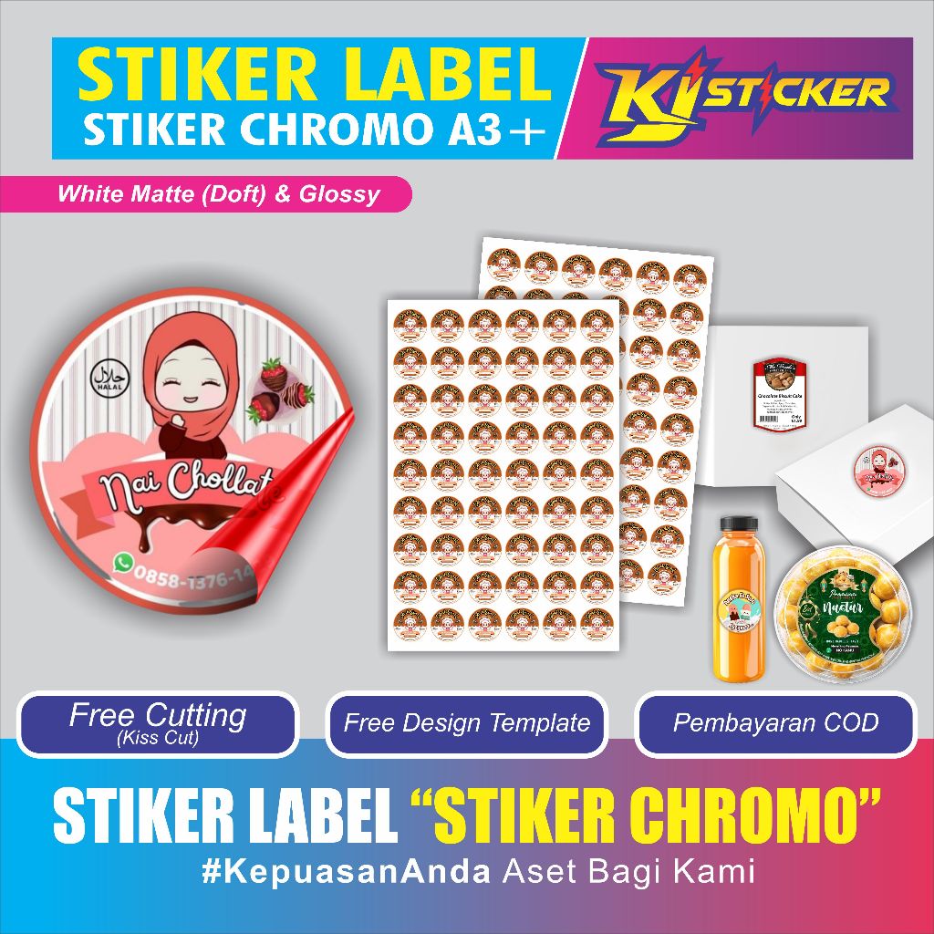 

KJ STIKER Promo Stiker Label Cetak Stiker Chromo A3+ Untuk Label Makanan dan Minuman Custom Free Cutting