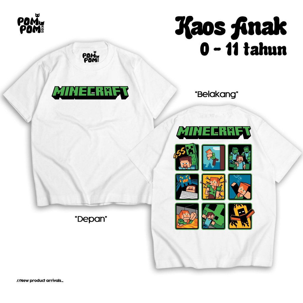 POMPOM KIDS Kaos Anak Minecraft Team Roblox Laki Laki & Perempuan 0-12 Tahun ( Atasan Pendek Anak T-