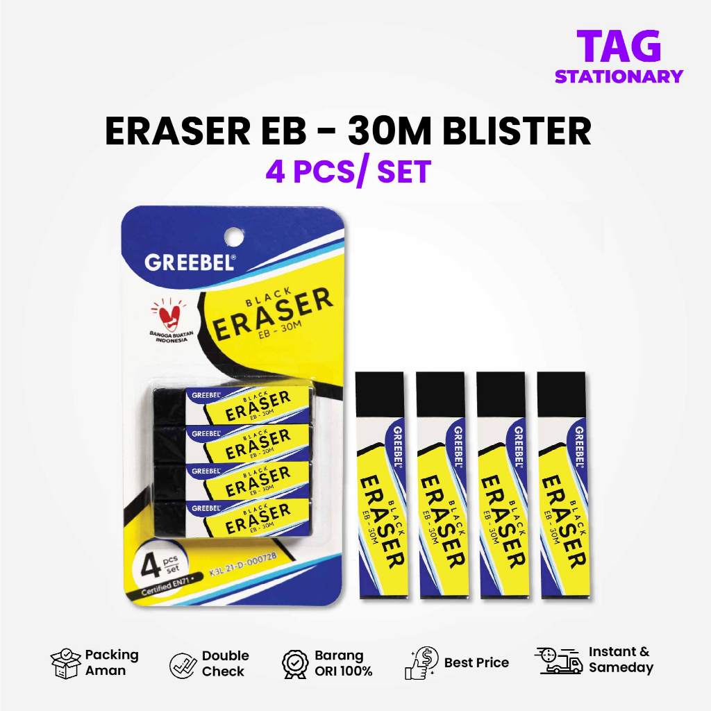 

GREEBEL Penghapus Panjang / ERASER EB-30M BLISTER (4 PCS/SET) / Penghapus Pensil Timur Agung Grosir