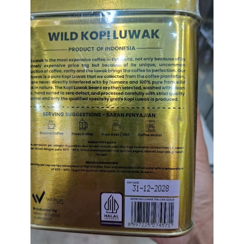 

Worcas Kopi Luwak Gold 100gr Tin Can (Original) FREE PAPER BAG WORCAS