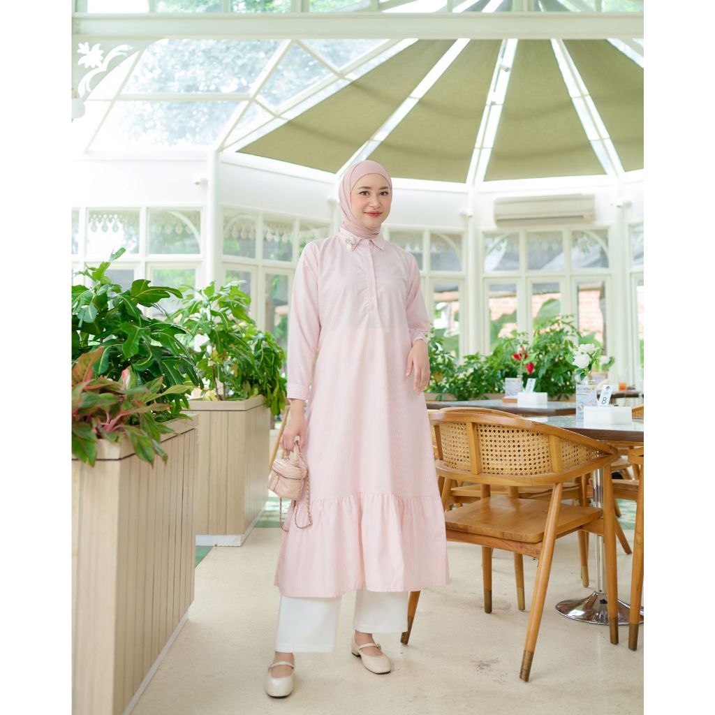 Kheva Mauza Dalia Midi Dress | Baju Wanita Gamis Garis - Garis Busui
