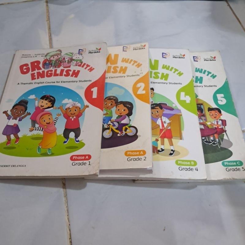 buku bekas kurikulum merdeka GROW WITH  ENGLISH  UNTUK SD  KELAS 1,2 ,3 ,4 ,5 ,6  ERLANGGA