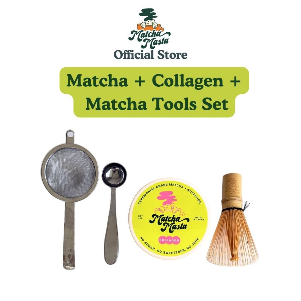 

Matcha Masta Matcha + Collagen 4 Piece Set Bundle (40g Tin, 80 Prong Bamboo Whisk, Scoop, Sieve)
