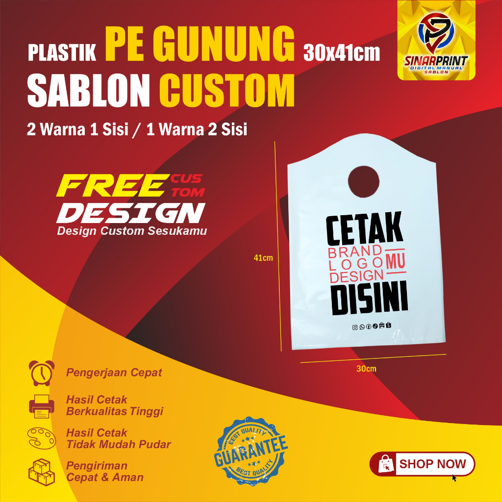 Plastik PE Gunung 30x41 + Sablon 2 Warna 1 Sisi atau 1 Warna 2 Sisi Untuk Kemasan Pakaian Distro