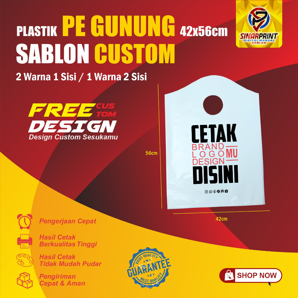 Plastik PE Gunung 42x56 + Sablon 2 Warna 1 Sisi Atau 1 Warna 2 Sisi Plastik Distro Butik Kemasan