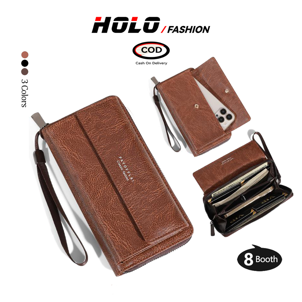 HOLO Pria Panjang Dompet Pria Panjang Lipat Bahan PU Gaya Retro Kapasitas Tinggi Slot HP dan Uang Pa