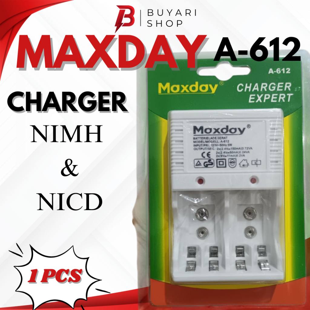 Charger Cas Baterai AA AAA Batre Kotak 9V Charger Batre 9V Kotak AA AAA A2 A3 ORIGINAL MAXDAY A612