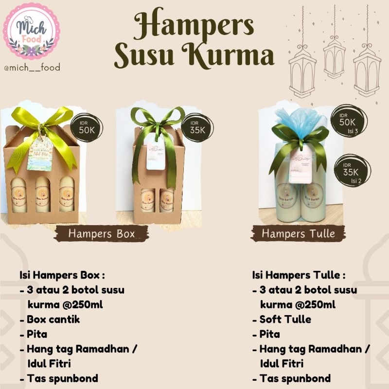 

Hampers Lebaran Idul Fitri Susu Kurma 2 atau 3 botol 250ml paket hampers kirim tengok orang sakit