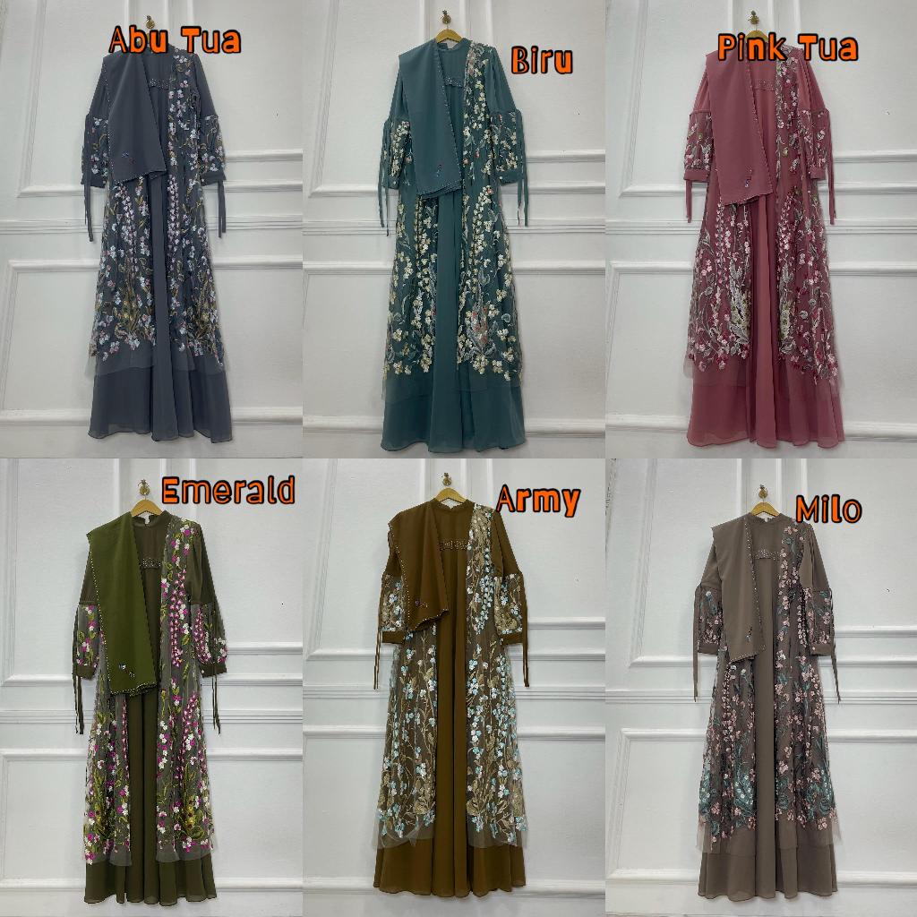 Gamis Pesta Kondangan Bordir Mewah | Gamis Set Scraft Ceruty Mix Tile Bordir - Salsabila by Belifi