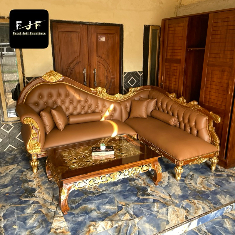 Kursi Sofa Tamu L Sofa Louis Ukir Meja Ketapang Rangka Full Kayu Jati Tua