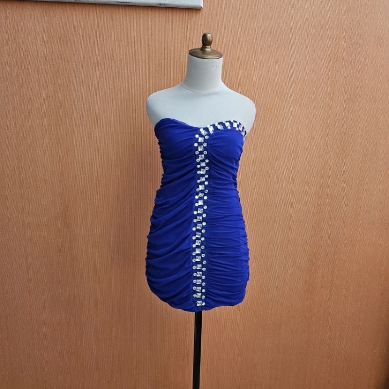 GAUN mini dress wanita biru elektrik birel XS cewek S cute MEWAH tile sexy PESTA bodycon ada CUPBRA