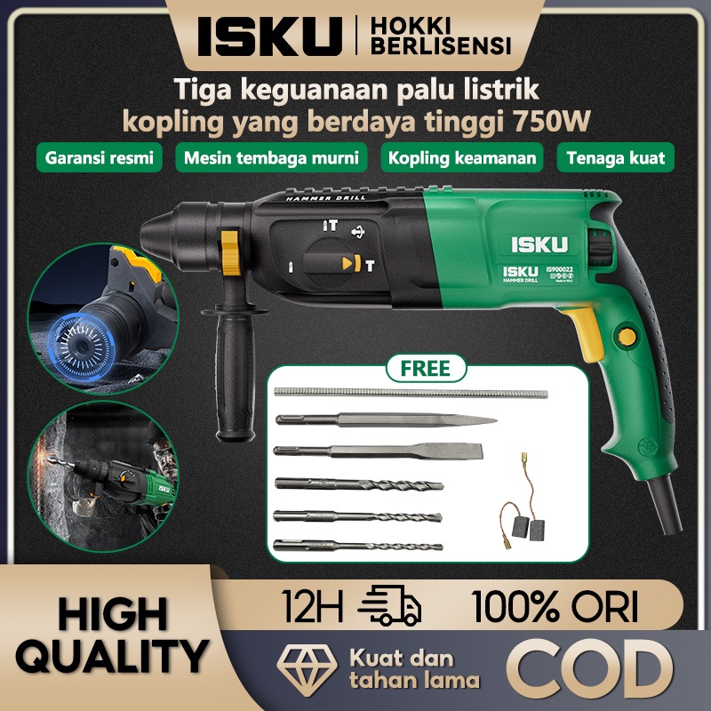 ISKU Rotary Hammer Bor 750W/1050W listrik Mesin Bor Palu Listrik Rotary Hammer Untuk Bobok Beton Tem