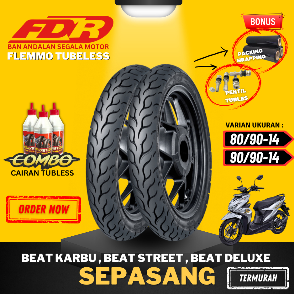 [COMBO Sepasang] Ban FDR Flemmo Ring 14 / Ban FDR Flemmo Tubeless Tubles Ring 14 ( 80/90-14 /