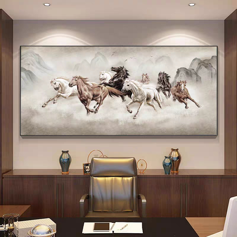 Lukisan Porcelain 5D Hiasan Dinding Detail Diamond - 8 Kuda Horizontal - Mewah & Elegan