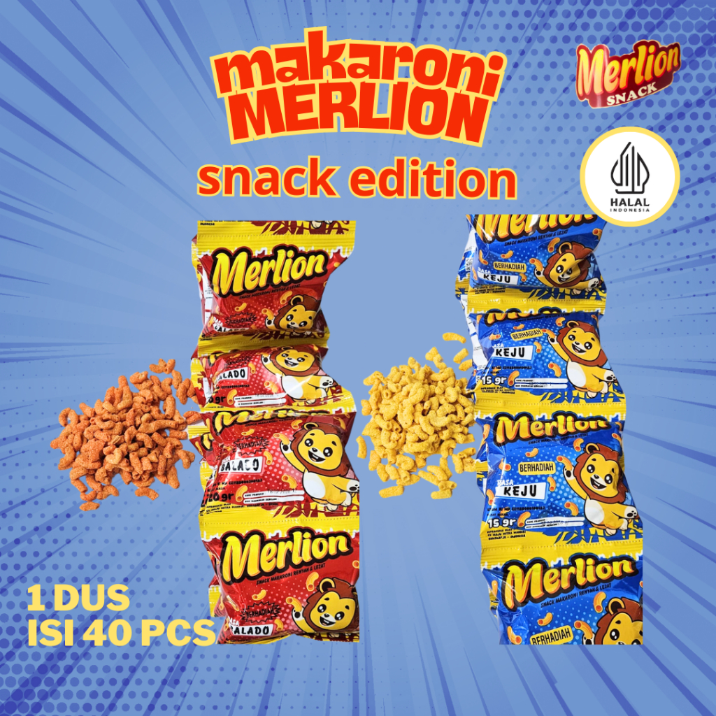 

MERLION MAKARONI SNACK 1 DUS ISI 40PCS CAMILAN RINGAN RENYAH ENAK MURAH GURIH NENDANG RASANYA